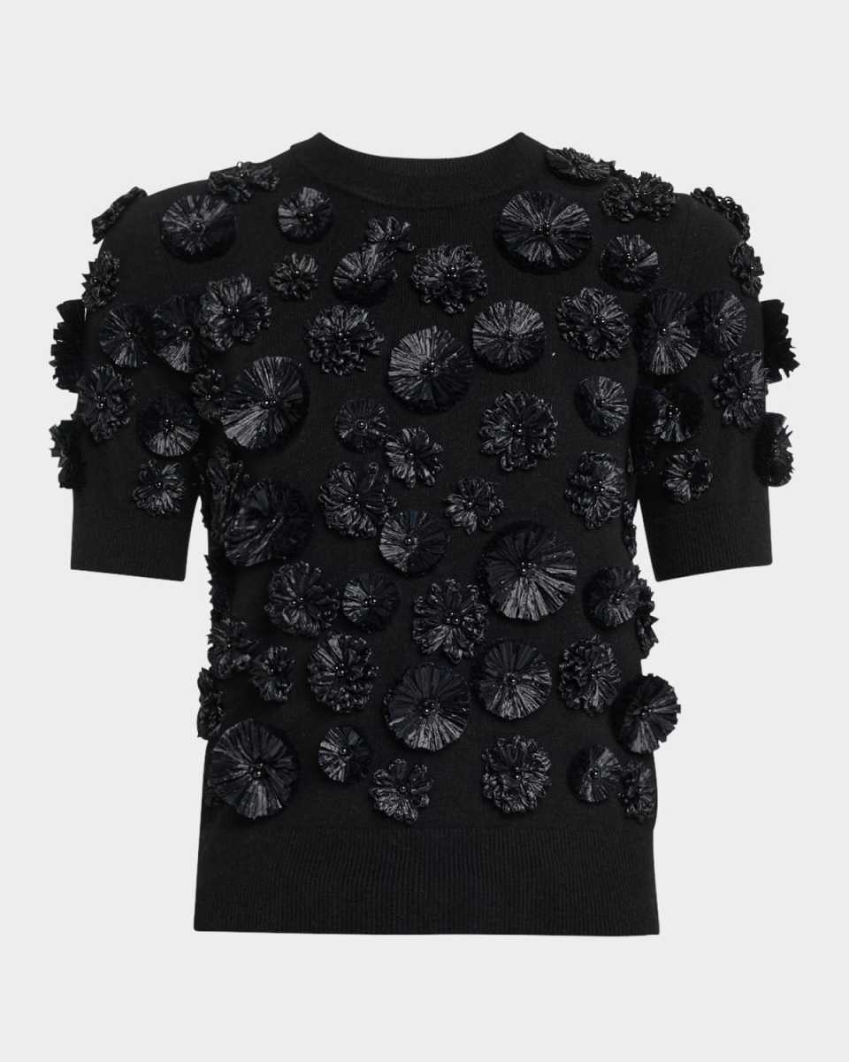 Floral Embroidered Short-Sleeve Cashmere Sweater